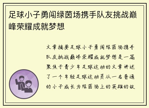 足球小子勇闯绿茵场携手队友挑战巅峰荣耀成就梦想